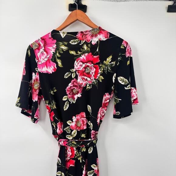 EXPRESS Black Floral Stretch Jersey V-Neck Tie Waist Jumpsuit // XS - Picture 8 of 9